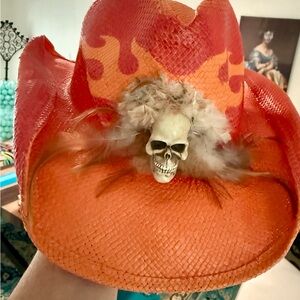 Vintage orange flame skull cowboy hat